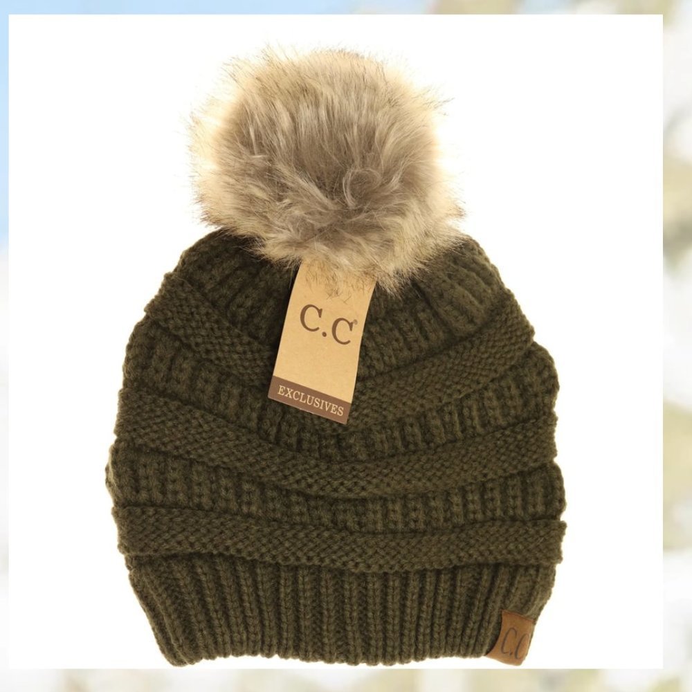 CC NWT solid olive green women's beanie with faux fur poof.
